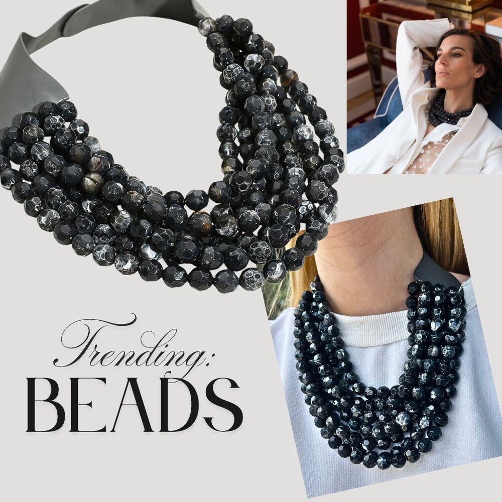 NEW Stunning Faceted Beaded 7-Strand Bib Statement Necklace in Marbled Black